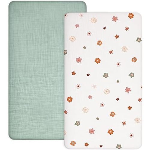 Mini Crib Sheets for Baby Boy Girl 2 Pack, Neutral Mini Crib Mattress Sheet 24" x 38", Muslin Nursery Bedding Soft and Breathable Comfort (Sage & Flower-B, Mini Crib Sheet)