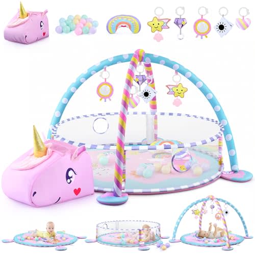 WeeHomm Baby Play Mat & Activity Mat - Baby Play Gym Tummy Time Mat with 6 Detachable Sensory Toys for Motor Skills Development, Newborn Baby Toys 0-6-12 Months Essentials Gift Playmats