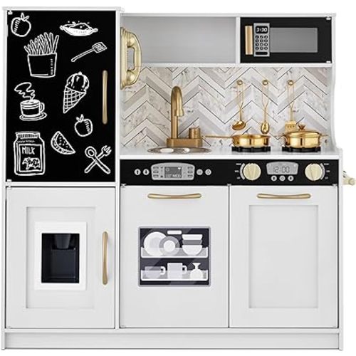 Best Choice Products Pretend Play Kitchen Wooden Toy Set for Kids w/Realistic Design, Telephone, Utensils, Oven, Microwave, Sink - White Bevel