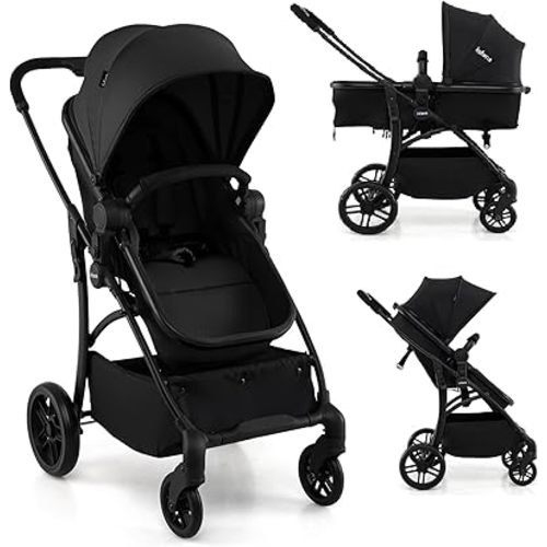 INFANS 2 in 1 Baby Stroller, Convertible Stroller with Bassinet Reversible Seat Adjustable Backrest Canopy One Hand Fold, Compact Toddler Pushchair for Kids Infants Newborns 0-36 Months