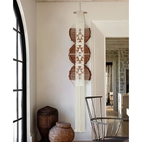 Flber Macrame Wall Hanging Brown and white Boho Wall Decor Art Living room wall art Round Handmade Geometric Lines Home Décor 11.8W x 65L
