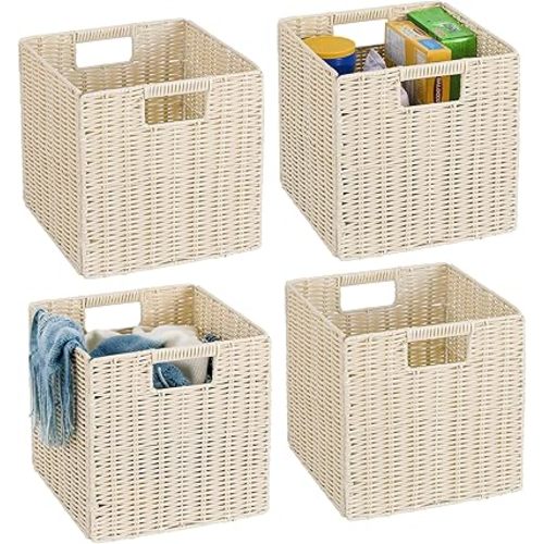 10.5 x 10.5 in Plastic Wicker Baskets for Cube Storage, Collapsible Square Wicker Storage Basket Set of 4, Rattan Storage Cube, Square Baskets for Shelves - lvory