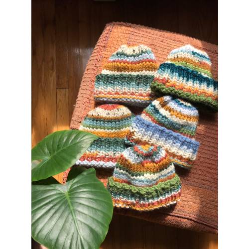 Adult Hand Knit Colorful Scrap Beanie: Chunky Boho Style, Made with Leftover Yarn Scraps