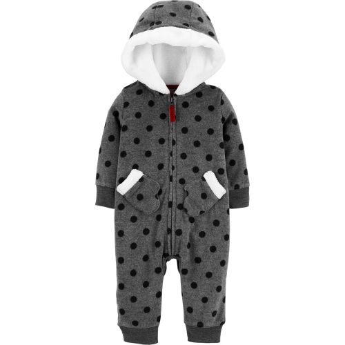 Hooded Polka Dot Fleece Jumpsuit - Grey