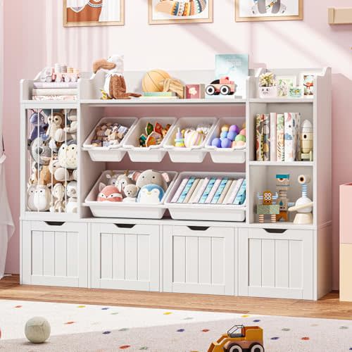 Vabches Kids Toy Organizer with 3 Movable Drawers, Multi-Functional Storage Cabinet Bookcase with Stuffed Animal Storages, Wooden Kids Bookshelf with 6 Moveable Toy Bins for Kids Room, Nursery, White