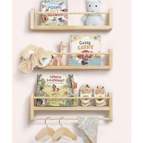 Nursery Book Shelves for Wall Set of , Natural Wood Bookshelf Wall Decor, Small Floating Shelf Organizer for Room, Bedroom, Kitchen Spice Rack