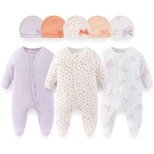 8 Pack Unisex Baby Boy Girl Footed One-piece Outfit Infant Hats 0-12months Comfort New Born Romper Clothes