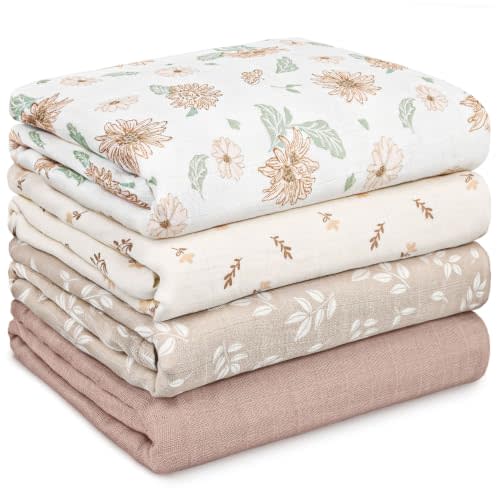 GLLQUEN BABY Muslin Swaddle Blankets 4Pk Receiving Blanket Large 35" x 40" | Soft Cotton Baby Blankets for Girls Boys Breathable Nursery Swaddles for Newborns, Baby Essentials Shower Gift, Sunflower
