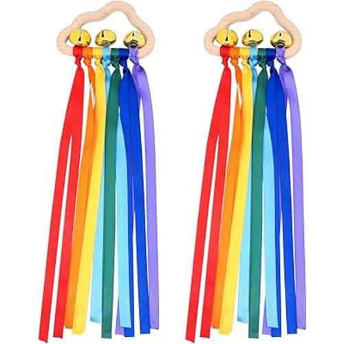 Baby Sensory Ribbon Ring Toys - 2Pcs Rainbow Ribbon Rattle Natural Wooden Ribbon Ring, Sensory Montessori Toy for 3+ Month Babies Toddler (Rainbow)