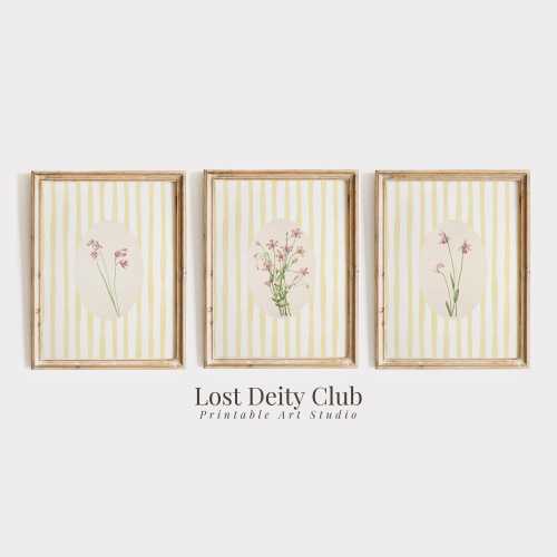 Pink Floral Art Prints Set of 3 Yellow Striped Cottagecore Botanical Prints, Girls Room Pastel Grandmillennial Decor DIGITAL Download #S169