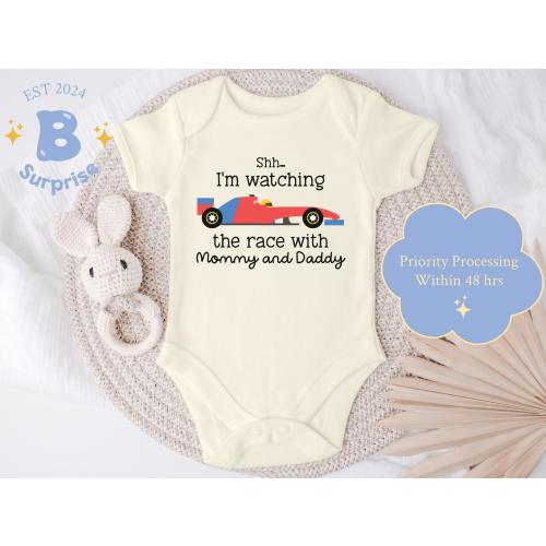 Shh I'm Watching the Race with Mommy & Daddy - Race Car Baby Onesie® - F1 Inspired Bodysuit - Natural Newborn Gift