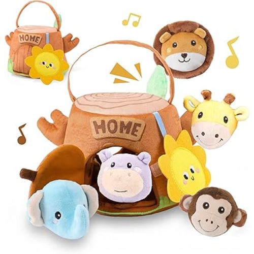 Baby Toys 6-12 Months - Tree Stump with 5 Stuffed Safari Animals, Soft Busy Montessori Toys with Rattle, Crinkle, Squeaker, Mirror, Sensory Toys for Toddlers 1-3, Christmas Birthday Gift