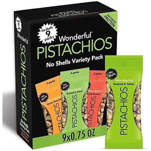 Wonderful Pistachios No Shells, 3 Flavors Mixed Variety Pack of 9 (0.75 Ounce), Roasted & Salted Nuts (4), Chili (3), Honey (2), Protein Snacks, Gluten Free, Healthy Snacks Variety Pack for Adults