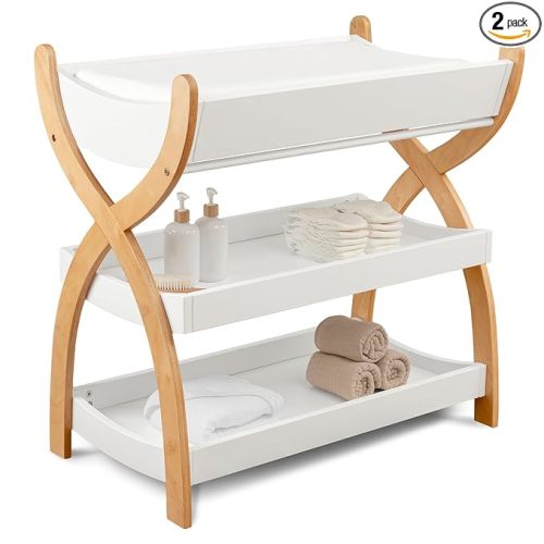 Comfy Cubs Baby Changing Table - Sturdy Wood Construction, Timeless Look Baby Change Table with Two Open Shelves for Infant Daycare Essentials Storage - White with Natural Wood Legs