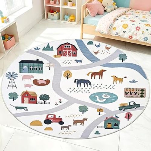Kids 4Ft Round Farm Animal Rug for Boys Girls Bedroom Farmhouse