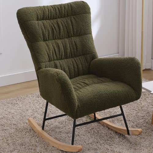 Whalemon Nursery Rocking Chair, Teddy Upholstered Glider Rocker, Rocking Accent Chair with High Backrest, Comfy Rocking Accent Armchair for Living Room, Bedroom, Offices (Dark Green)