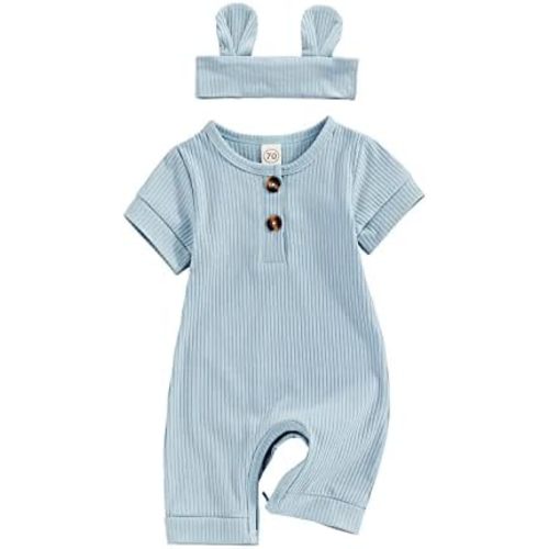 Infant Boys Girls Clothes Set Newborn Baby Romper Hat Ribbed Knit Long Sleeve Button Solid Bodysuit Jumpsuit