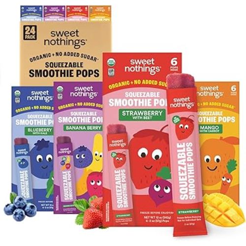 Sweet Nothings, Multi-Pack, USDA Organic Kids' Squeezable Super Fruit Smoothie, Value Pack of 24 - Dye-Free, No Added Sugar,Vegan, Healthy Organic Fruit and Veggie Pops, Freeze & Enjoy
