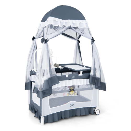 Costway Baby Playpen and Bassinet, 4-in-1 Crib with Changing Table, Canopy, Music Box, Grey