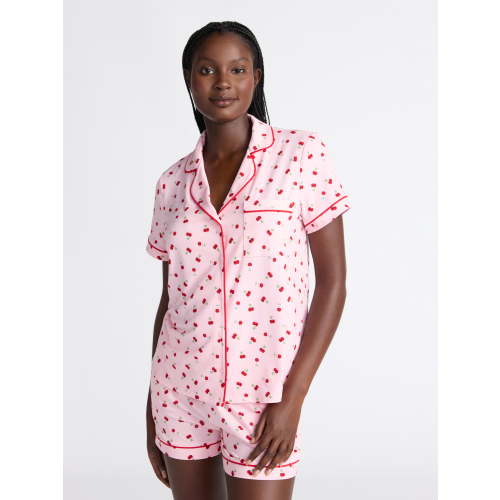 Joyspun Women’s Dreamy Soft Collection Notch Collar Knit Top and Boxer Shorts Pajama Set, Sizes XS-3X