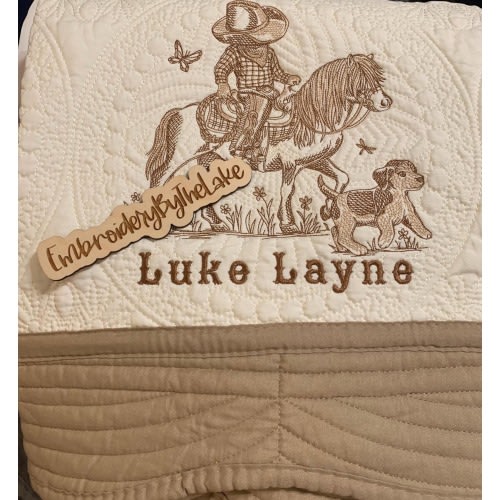 Embroidered Cowboy Baby Quilt: Western Nursery Blanket
