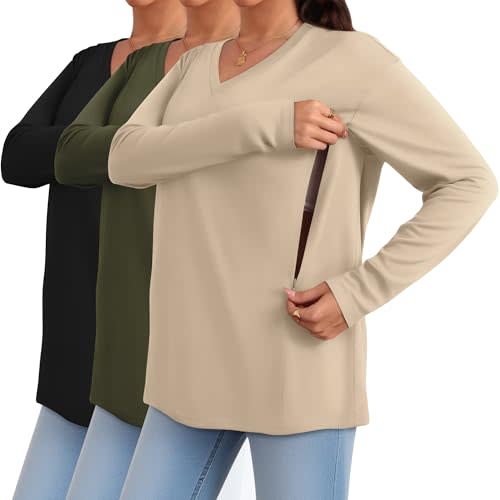 Sweetyweee 3 Pack Women's Oversize Nursing Shirts for Breastfeeding with Hidden Zippers Loose Fit Long Sleeve Maternity Tops