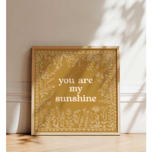 You Are My Sunshine Print, Yellow Nursery Quote Wall Art, Scandinavian Folk Style Artwork