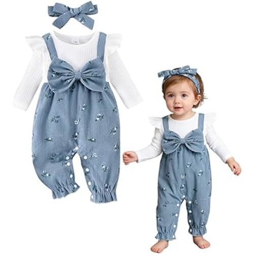 Infant Baby Girl Fall Clothes Ruffle Floral Romper Corduroy Jumpsuit Headband Newborn Winter One Piece Outfit