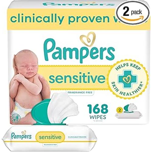 Pampers Baby Wipes Sensitive, Water Based Baby Wipes, Hypoallergenic and Unscented Baby Wipes, 168 Wipes Total (2 Flip-Top Packs)