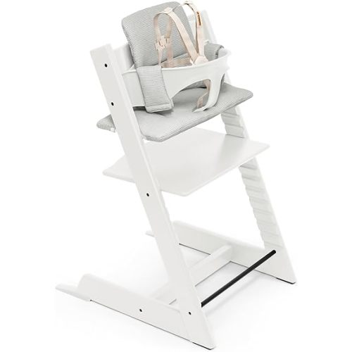 Tripp Trapp® High Chair White, Nordic Grey Cushion Signature Edition Includes Chair + Cushion + Baby Set with Removable Harness for Children 6-36 Months - Adjustable, Ergonomic & Easy to Clean