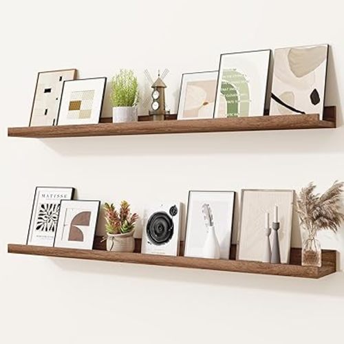 Heimlove Picture Ledge Shelf,36 inch Long Floating Shelves for Wall Set of 2,Picture Shelf with Lip for Wall Decor,Living Room,Bedroom,Bookshelf,Nursery,Perfume,Walnut Color