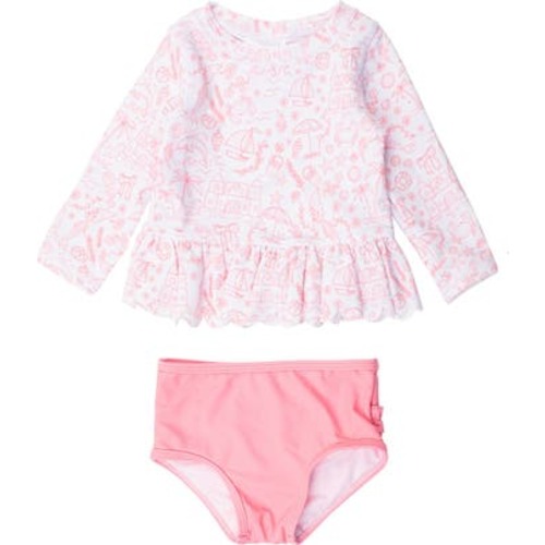 Girls UPF50+ Sun Protected Scallop Hem Long Sleeve Rash Guard Bikini, 2T