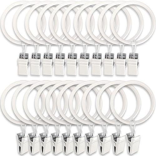 LLPJS 20 Pack Metal Curtain Rings with Clips, Curtain Clip Rings Hooks for Hanging Drapery Drapes Bows, Curtain Rod Rings 1.5 inch Interior Diameter, White