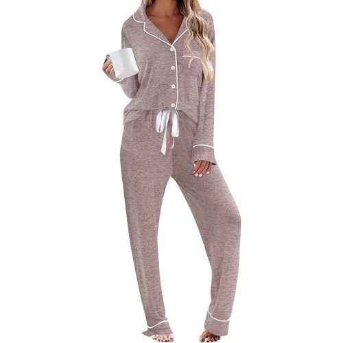 HNG Pajamas for Women Set 2 Piece Pj Set Long Sleeve Button Up Lounge Sets Sleepwear with Pockets XS-XXL