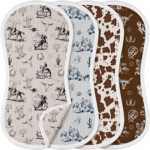 4 Pcs Retro Western Muslin Baby Burp Cloths 100% Cotton Cowboy Burping Rags