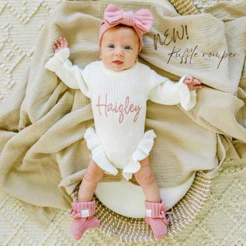 Keepsake Embroidered Knit Ruffle Romper – Personalized Newborn Outfit, Chunky Cotton Sweater, Baby Girl Coming Home Gift
