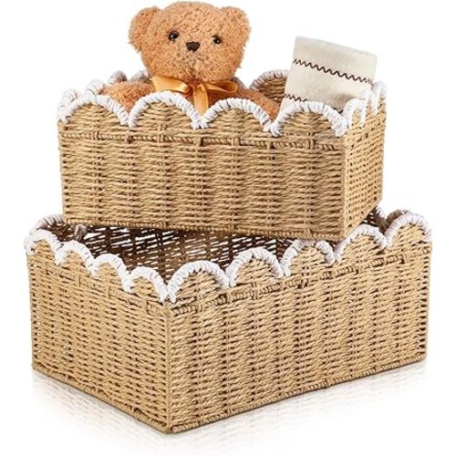 2 Pack Scalloped Wicker Baskets Hand-woven Rattan Basket Paper Rope Scalloped Woven Water Hyacinth Bin for Nursery Bedroom Organizing Decor, 10.6x15x6.7&6x13x8.7in