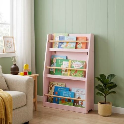 3-Tier Kids Book Shelf, Kids Book Rack With Natural Wood Retainer Rails, Slim Narrow Nursery Book & Toy Storage Shelf, Pink