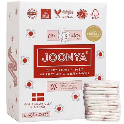 Joonya Baby Diapers, Size 1 XS (4-9 lb) - 6 Bags of 32 (192) - Non Toxic, Eco-Friendly, High Absorbency, Overnight Use, Ultra Slim & Soft - Made in Denmark