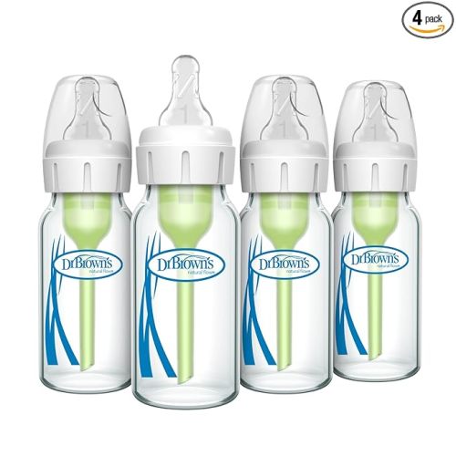 Dr. Brown's Anti-Colic Options+ Narrow Glass Baby Bottle with Level 1 Slow Flow Nipple, BPA-Free, 4 oz/120mL, 4-Pack