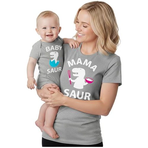 Tstars Mama Saur & Baby Saur Mommy and Me Matching Shirts - Funny Gift for Baby Shower or Mother's Day