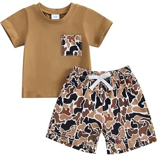 Toddler Baby Boy Summer Clothes Duck Print Short Sleeves T-Shirt Elastic Camouflage Shorts 2 Piece Outfit