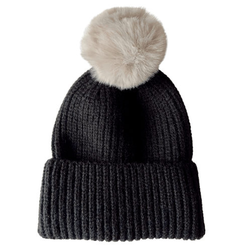 Rib Knit Fur Pom Hat, Obsidian