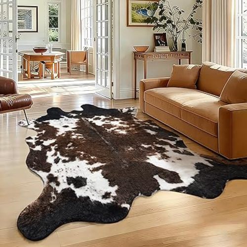 Faux Cowhide Rug, Fluffy Fur 4.6x5.2 Feet Washable Cow Print Rug for Living Room Bedroom Animal Print Hide Skin Rustic Western Décor Black and Brown