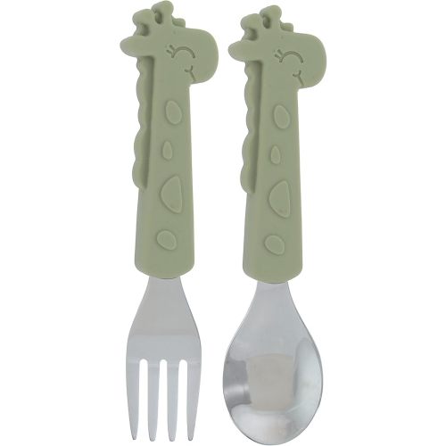 Nuby Animal Friends Silicone and Stainless Steel Fork and Spoon Set - 12+ Months - Green Giraffe