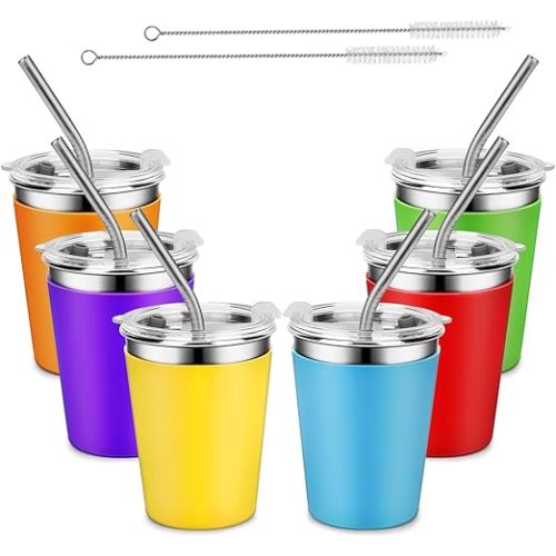 Kids Stainless Steel Cups with Lids, Spill Proof Metal Tumblers With Stainless Steel Straws for Adults, Unbreakable Toddle Cups with Full Wrapped Anti-Scald Sleeves for Hot and Cold Drinks.6Pack.12oz