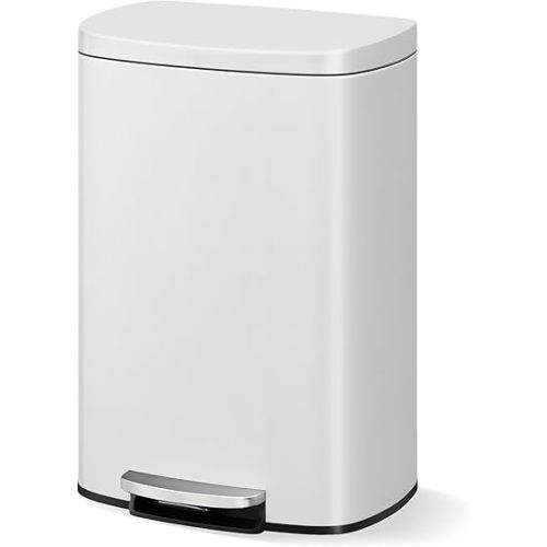 Garvee 13 gal / 50 L Metal Kitchen Trash Can with Lid, Large Rustproof Garbage Can for Kitchen, Step-on Trash Bin with Inner Bucket, Rear Handle, Soft Close Lid, White
