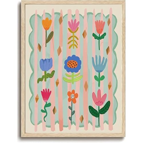 KISSFOX Whimsical Floral Canvas Wall Art Colorful Rainbow Oak Wood Framed Wall Art Cute Sweet Flowers Pictures Wall Decor Boho Aesthetic Art Prints For Nursery Children Girls Kids Bedroom