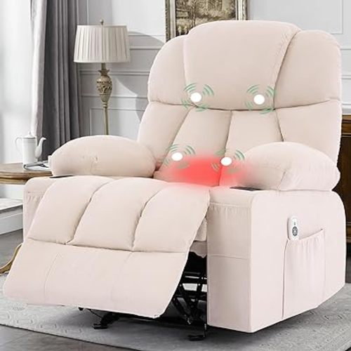 Manual Recliner Chair, Rocker Recliner with Vibration Massage & Heat, Ergonomic Reclining Fabric Living Room Chairs for Bedroom Nursery, Single Sofa with 4 Pockets, 2 Cup Holders, Beige