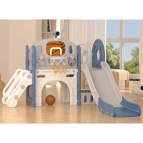 XJD 8 in 1 Toddler Slide Set, Kids Slide for Toddlers Age 1+, Climber Slide PlaySet with Basketball Hoop and Ball,Outdoor Indoor Playground for Toddlers 1-3 (Blue Gley, 8 in 1)